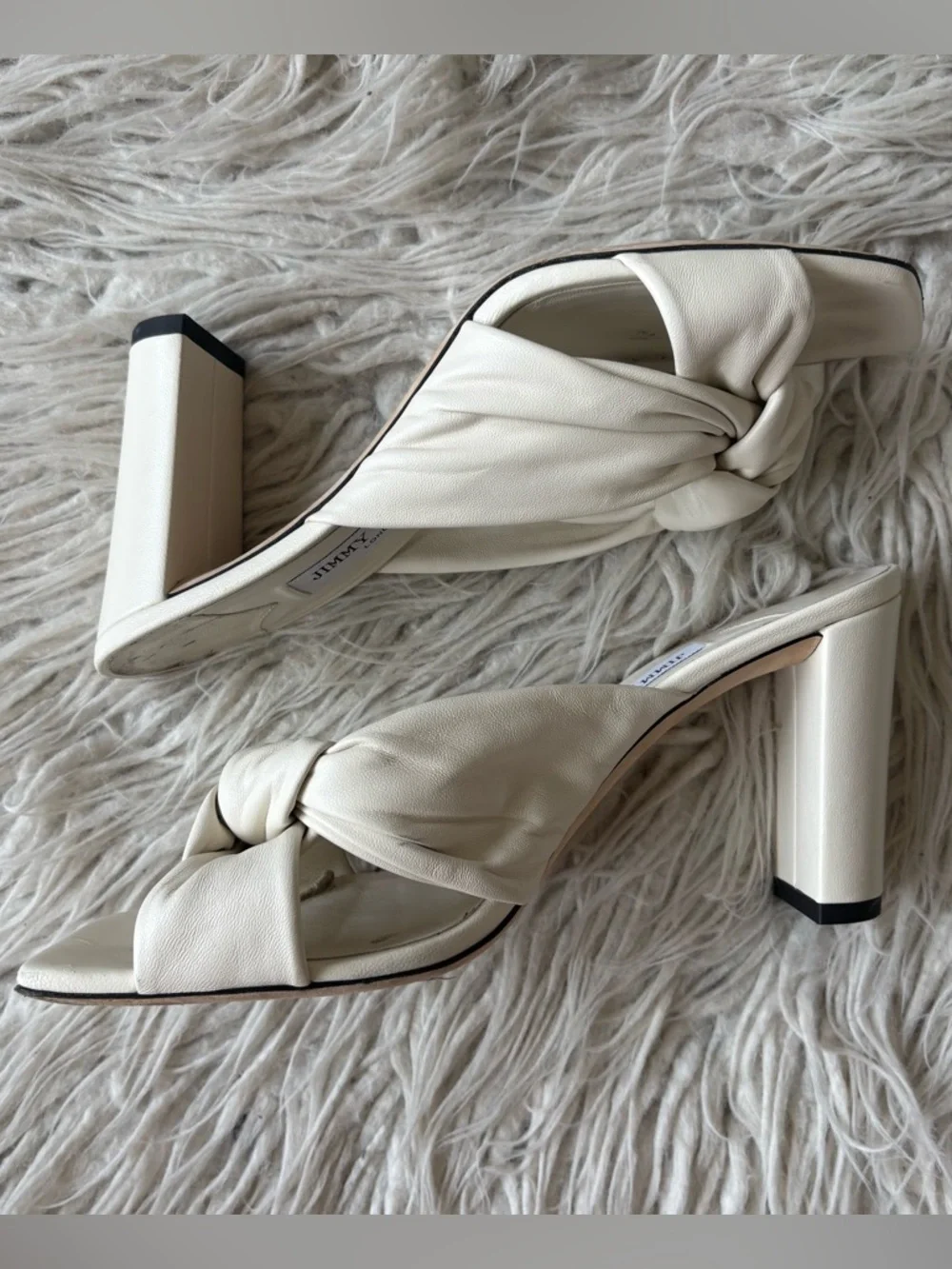 JIMMY CHOO Avenue 85mm Block Heel Latte Ivory Leather Twist Knot Front Mule 40.5